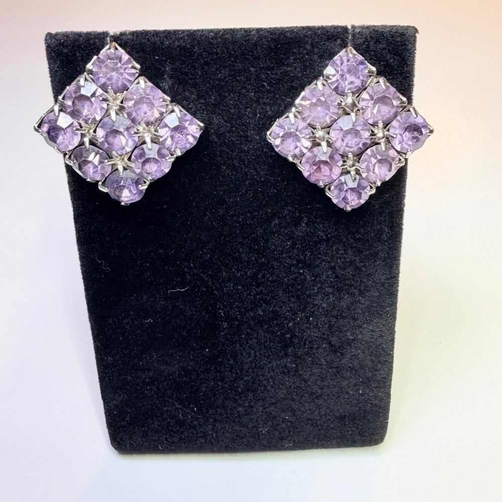 Vintage 1970s MCM Purple Rhinestone Square Stud Earrings Silver Tone Cluster